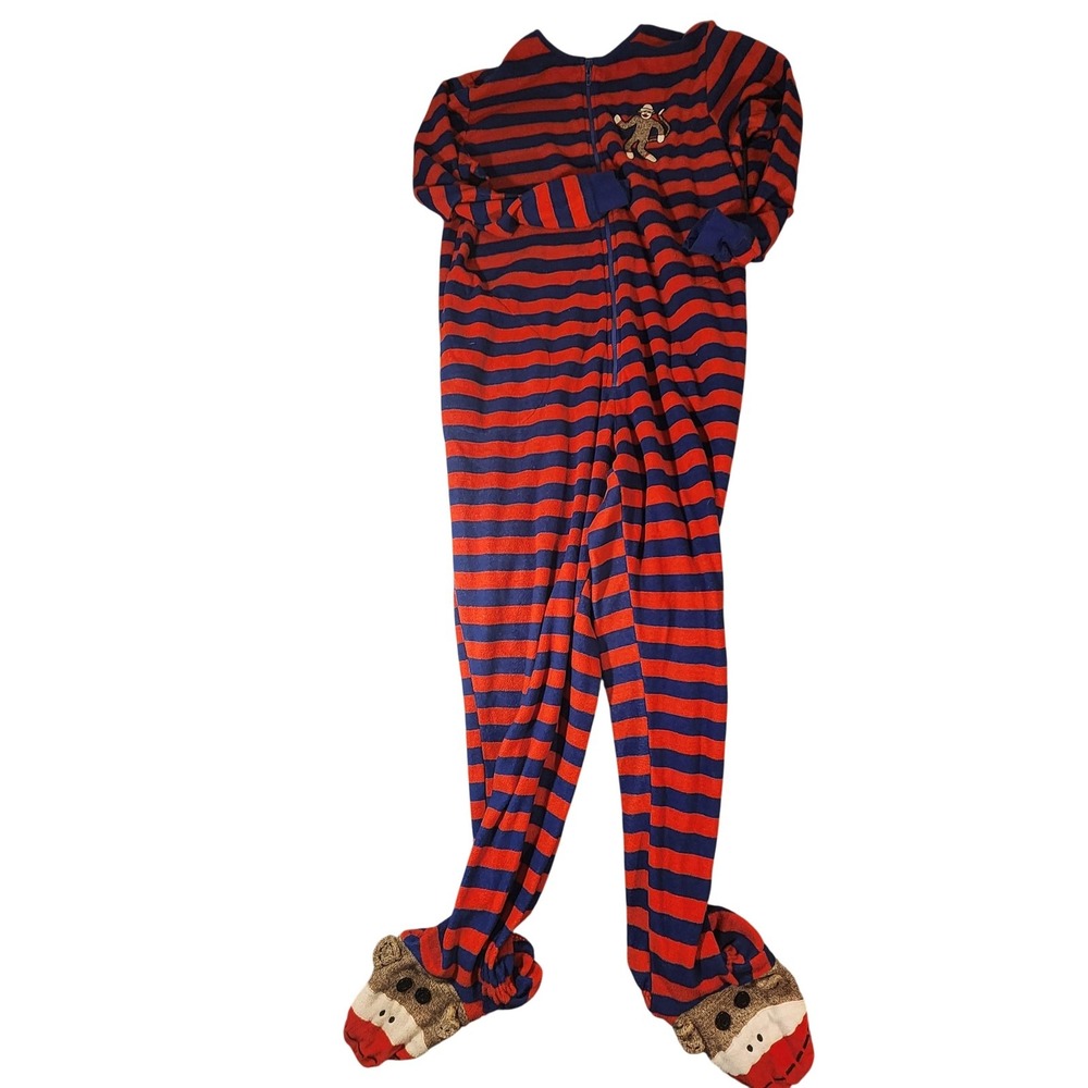 Nick & Nora Footed Pajamas Womens Large Red Blue Sock Monkey Fleece One-piece